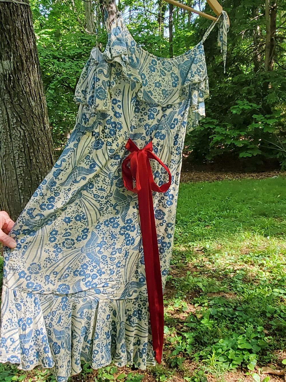 ANTHROPOLOGIE Midi Sundress Flutter Neckline Floral A-Line Ruffle Blue & Cream - Picture 12 of 15